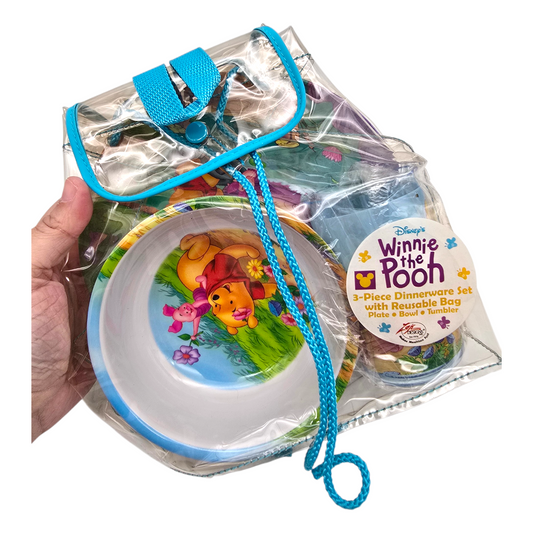 Mochilita transparente con platitos de melamina Dinerware vintage Pooh 20x20 cms aprox