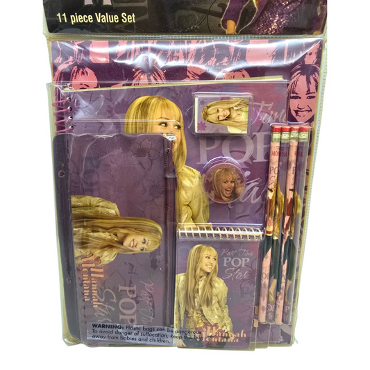 Años 2000s Hannah Montana set de Papelería acetato amarillento roto debilitado Por sol(ya se está deshaciendo el empaque 😅 )