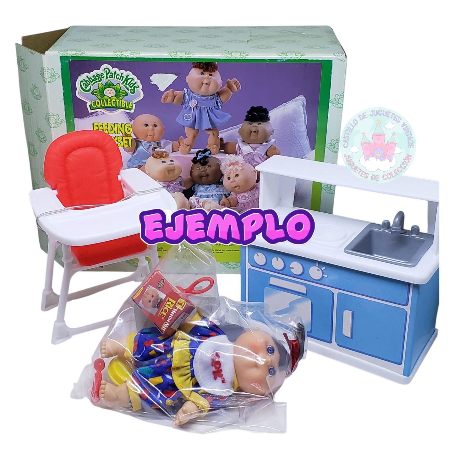 Cabbage Patch Vintage Feeding set con bebé mini (10 cms) y accesorios sorpresa