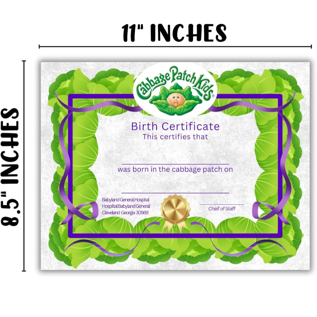 Cabbage Patch Acta de Nacimiento Genérica en blanco (Solo certificado de nacimiento) *No incluye muñeco.
