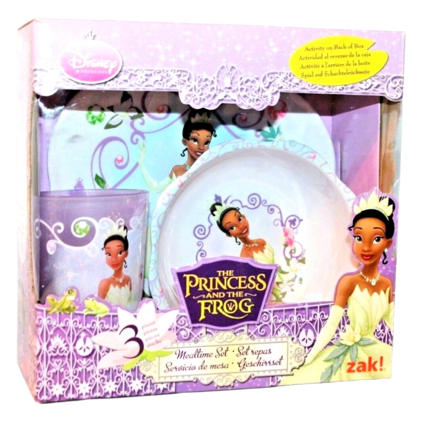 Set de platito vintage de melamina acrílicos pequeños Tiana Princesa y El Sapo. Cajas con detalles estéticos por la edad