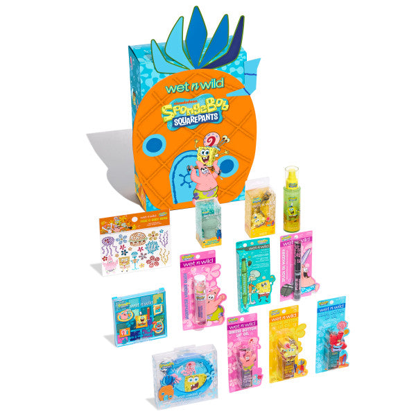 Wet n wild Spongebob Bob Esponja Colección de maquillaje makeup (caja con detalles estéticos, las hojitas de cartón de la piña se doblaron)