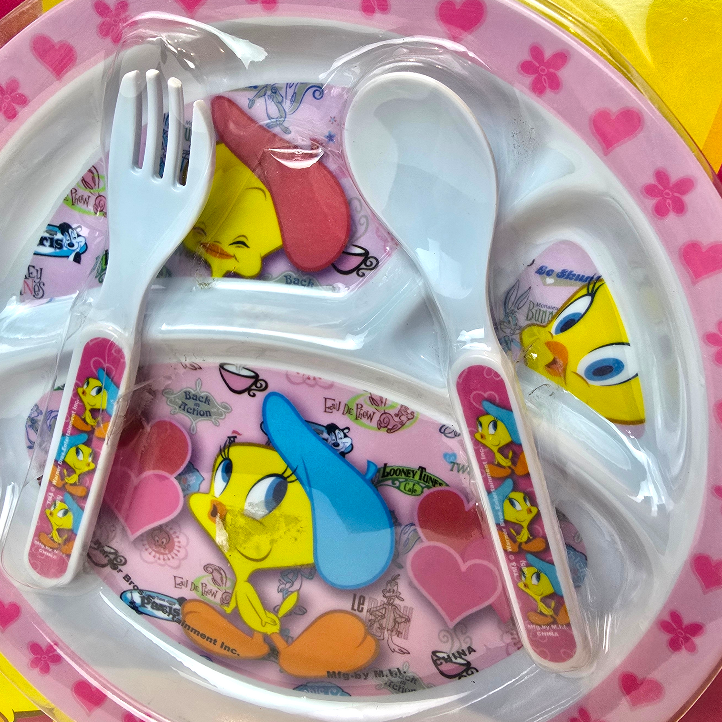 Set de platito con cubiertos acrílicos pequeños vintage Piolin Nuevas año 2001