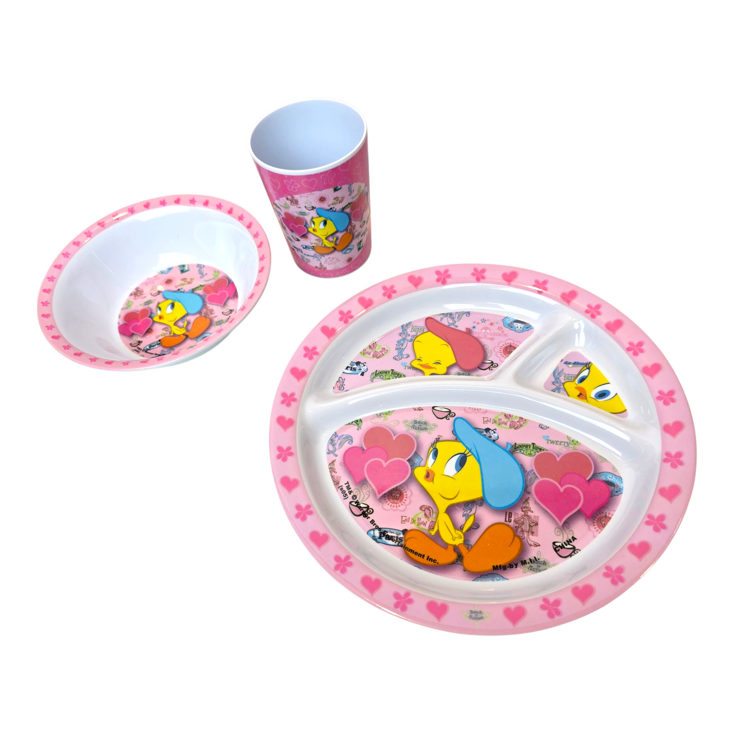 Set de platito con vasito acrílicos pequeños vintage Piolin Nuevos años 2000's