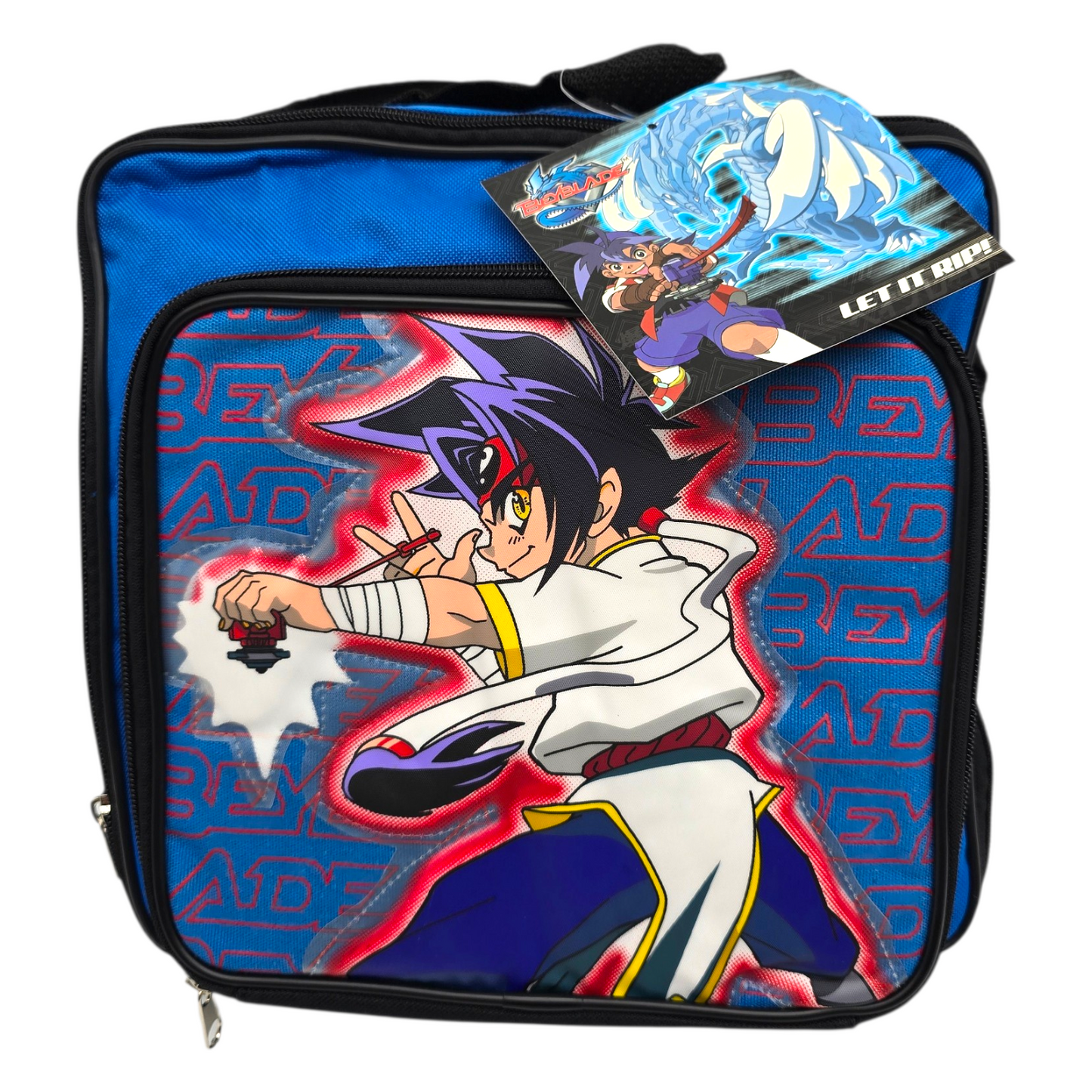 Lonchera maletita Beyblade vintage 28x28 cms aprox azul
