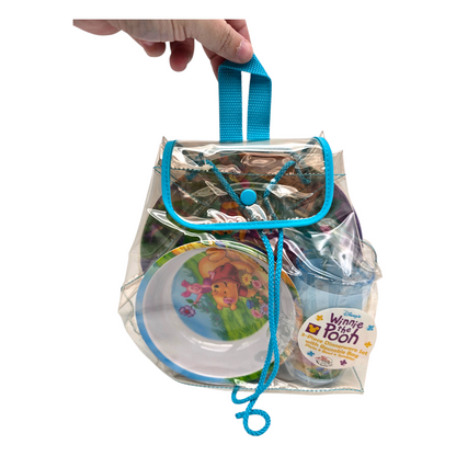 Mochilita transparente con platitos de melamina Dinerware vintage Pooh 20x20 cms aprox
