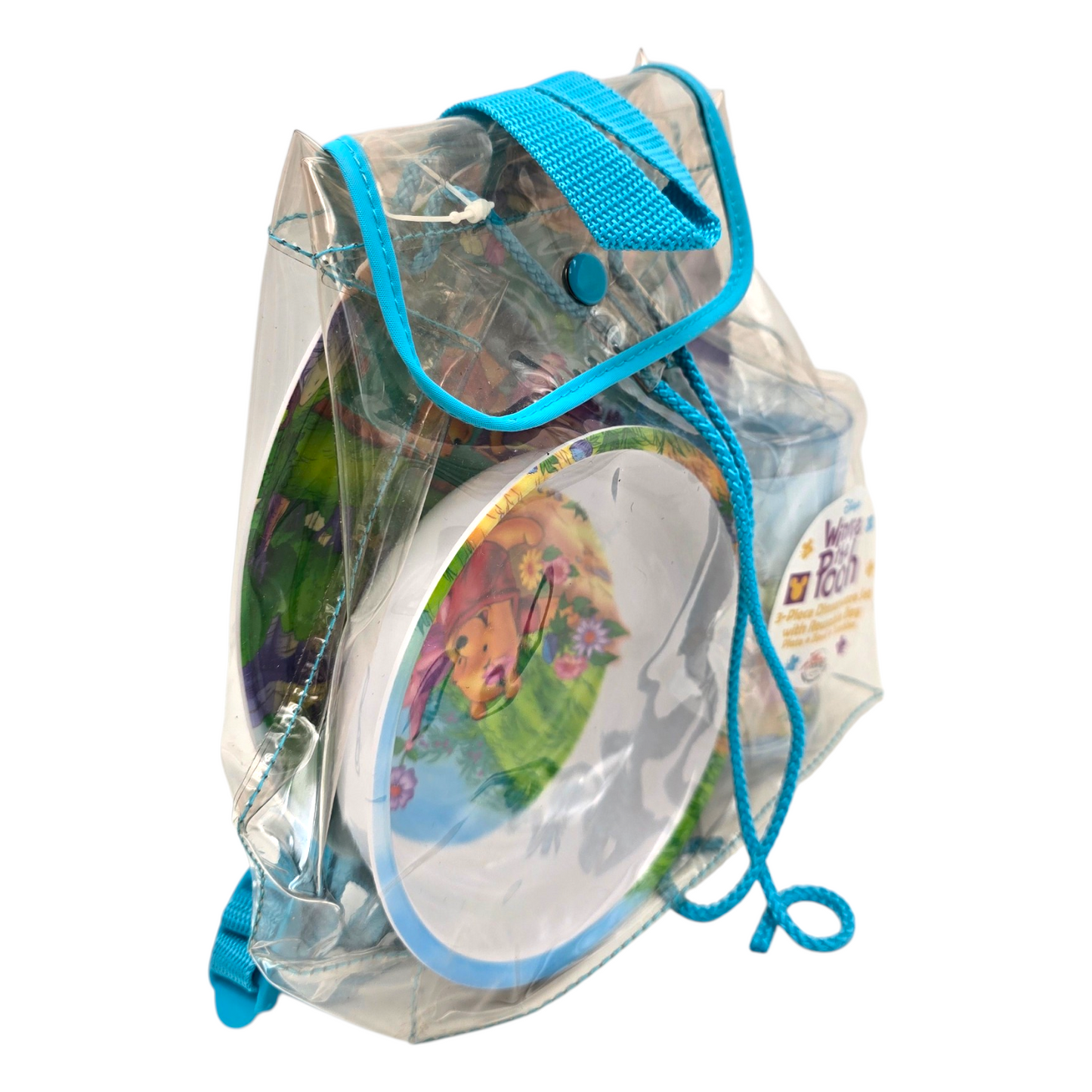 Mochilita transparente con platitos de melamina Dinerware vintage Pooh 20x20 cms aprox