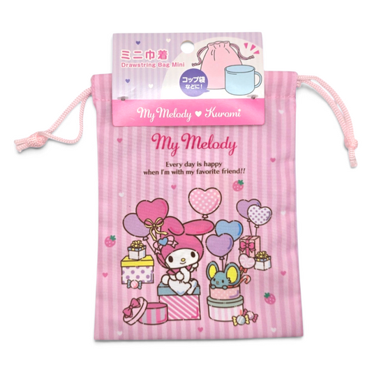 Bolsita Tela de cuerda tipo saco multiusos Sanrio Japon Original licencia medida aprox 19x14 cms My Melody con Kuromi