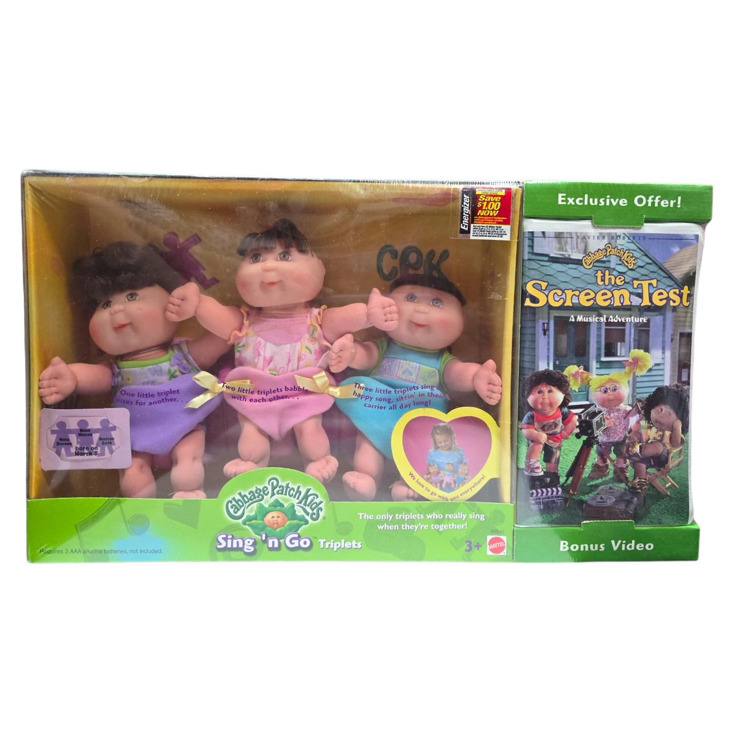 Cabbage Patch Vintage Sing-n-go Triplets Trillizos con película VHS  Edición especial