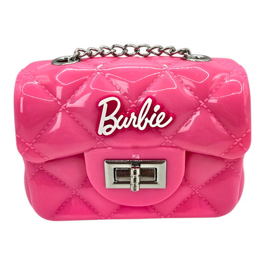 Micro Bolsa Gummy Barbie Miniso de Pvc flexible tipo charol con strap largo de Cadena 12x8 cms aprox Año 2023