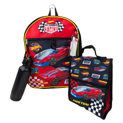 Mochila Hot Wheels bioworld con lonchera y termo 38x30cm aprox