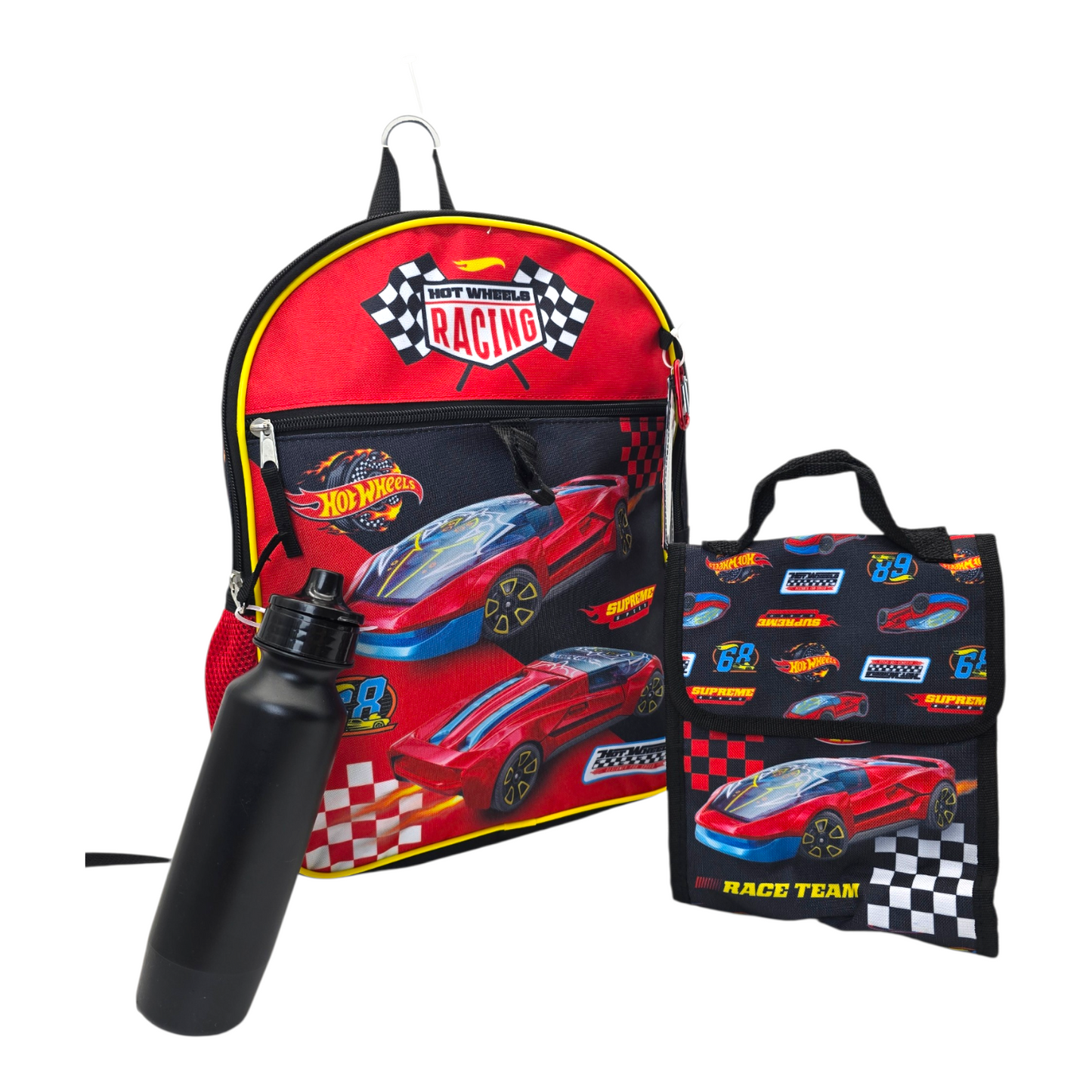 Mochila Hot Wheels bioworld con lonchera y termo 38x30cm aprox