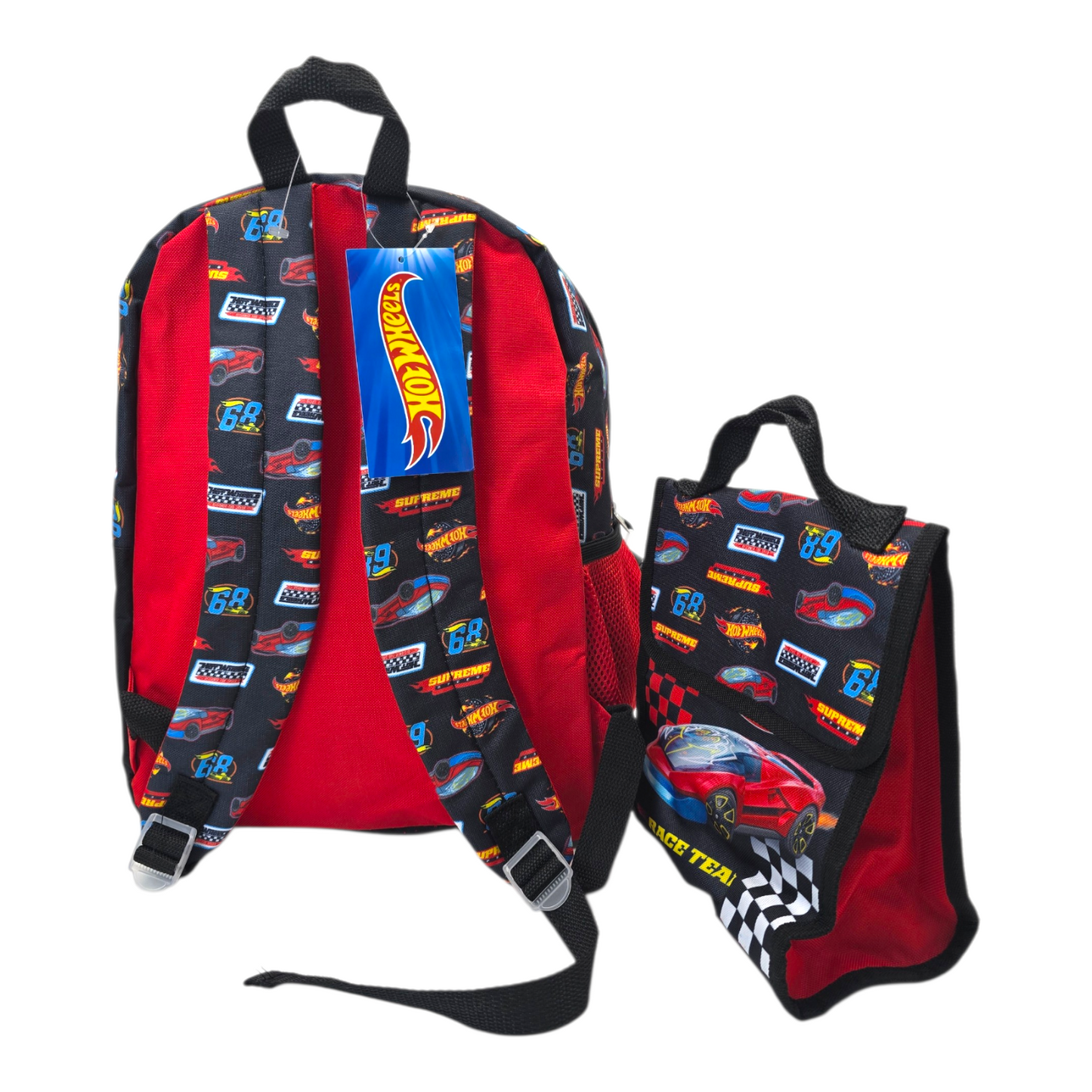Mochila Hot Wheels bioworld con lonchera y termo 38x30cm aprox
