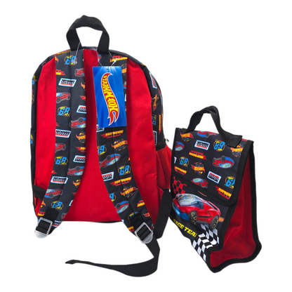 Mochila Hot Wheels bioworld con lonchera y termo 38x30cm aprox