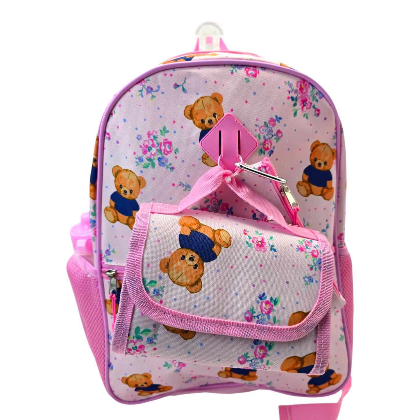 Mochila de ositos con lonchera termo y estuche rosa 43x30cm aprox