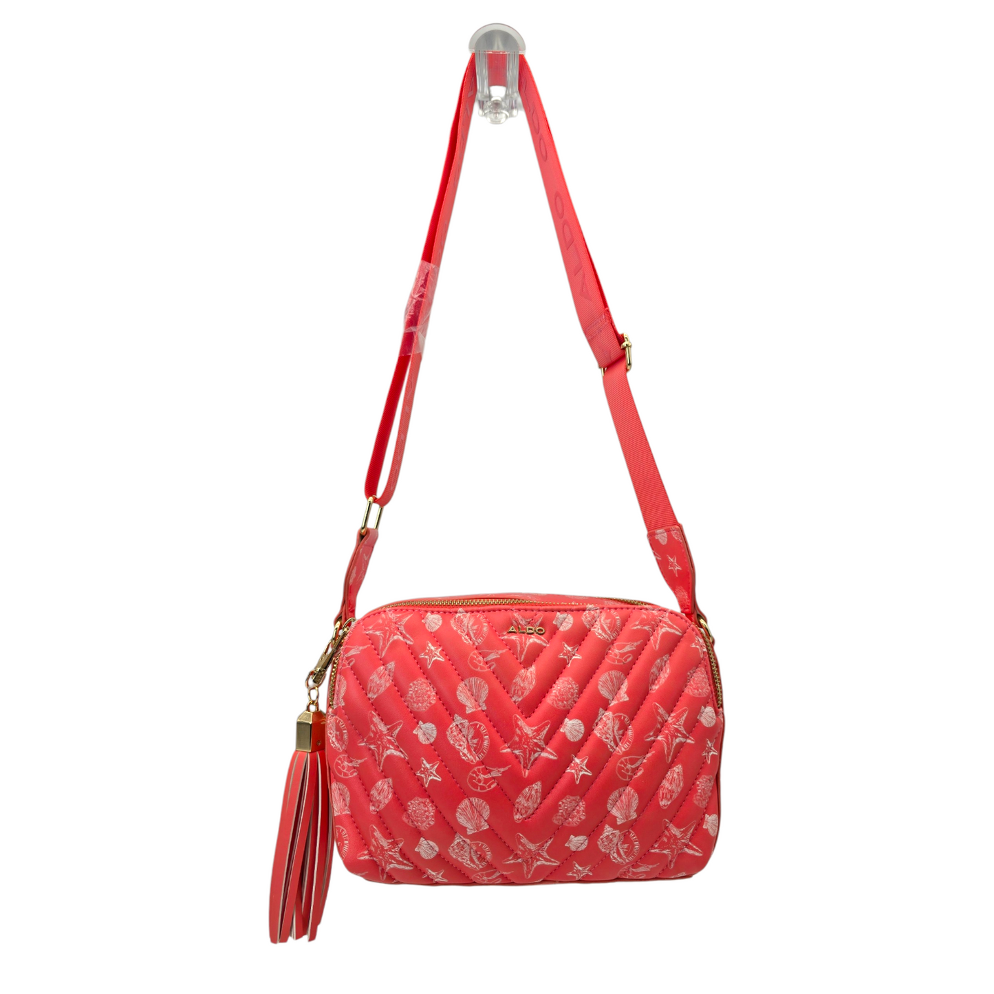 Bolso corssbody Aldo original coral con charm doble cierre 26x18cm aprox