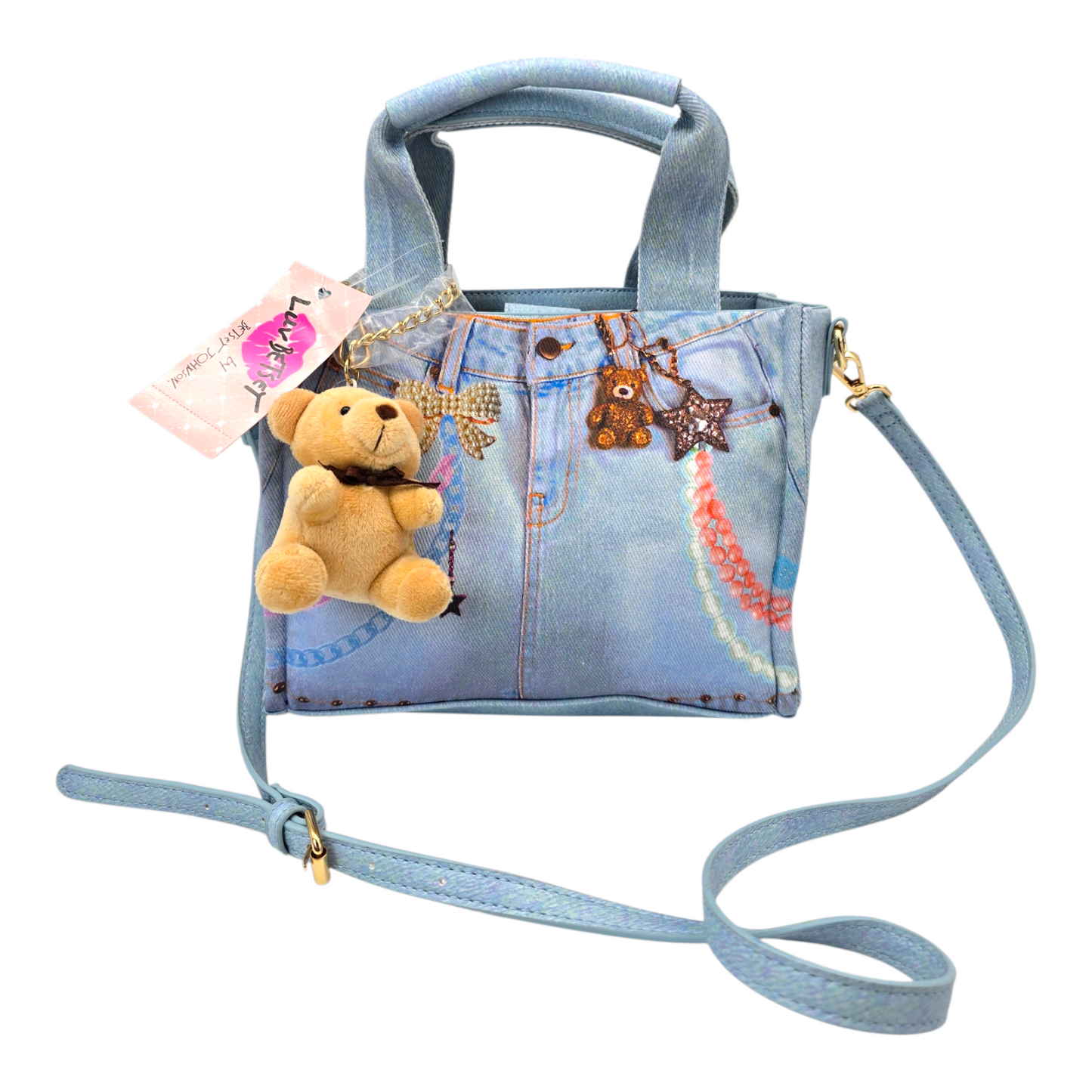 Bolso crossbody Betsey Johnson de mezclilla estampada con charm de osito 25x20cm aprox