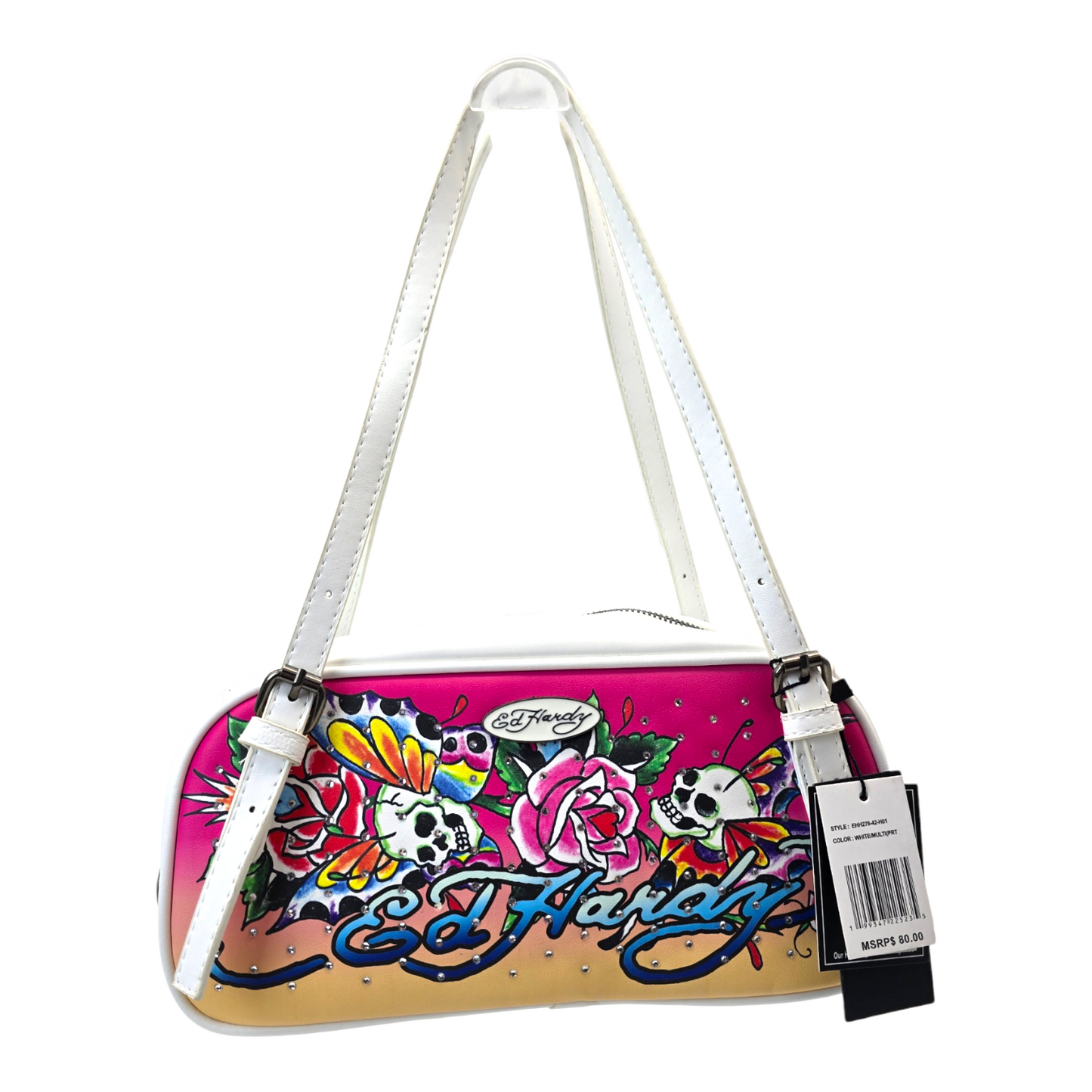 Bolsa de hombro Ed Hardy blanca con mariposas 29x14cm aprox