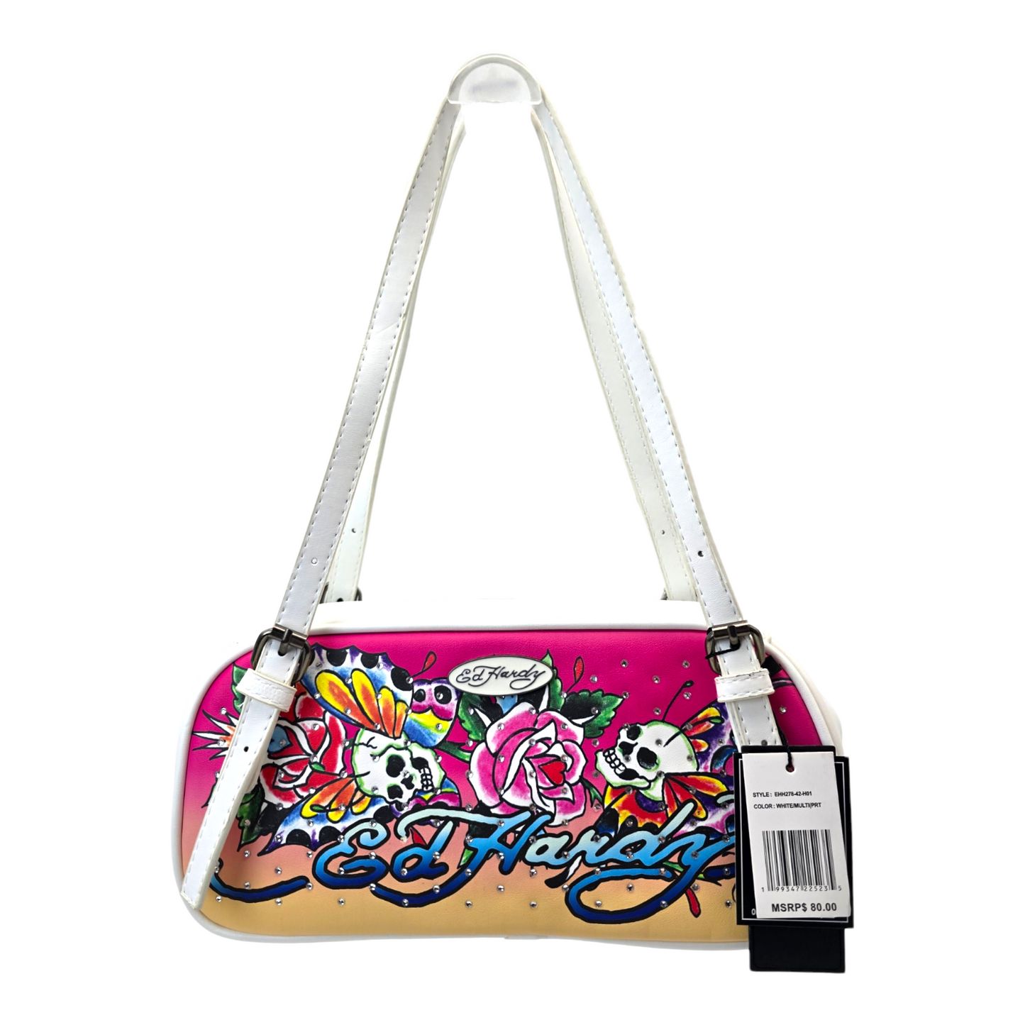 Bolsa de hombro Ed Hardy blanca con mariposas 29x14cm aprox