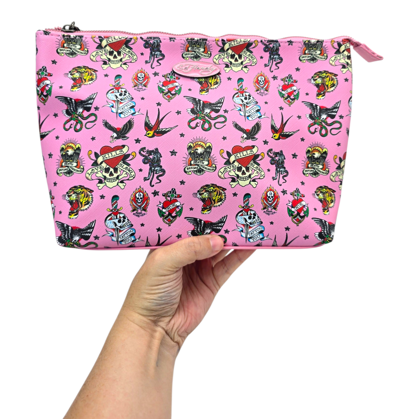 Pouch cosmetiquera Ed Hardy bolsa rosa tatuaje 32x21cm aprox