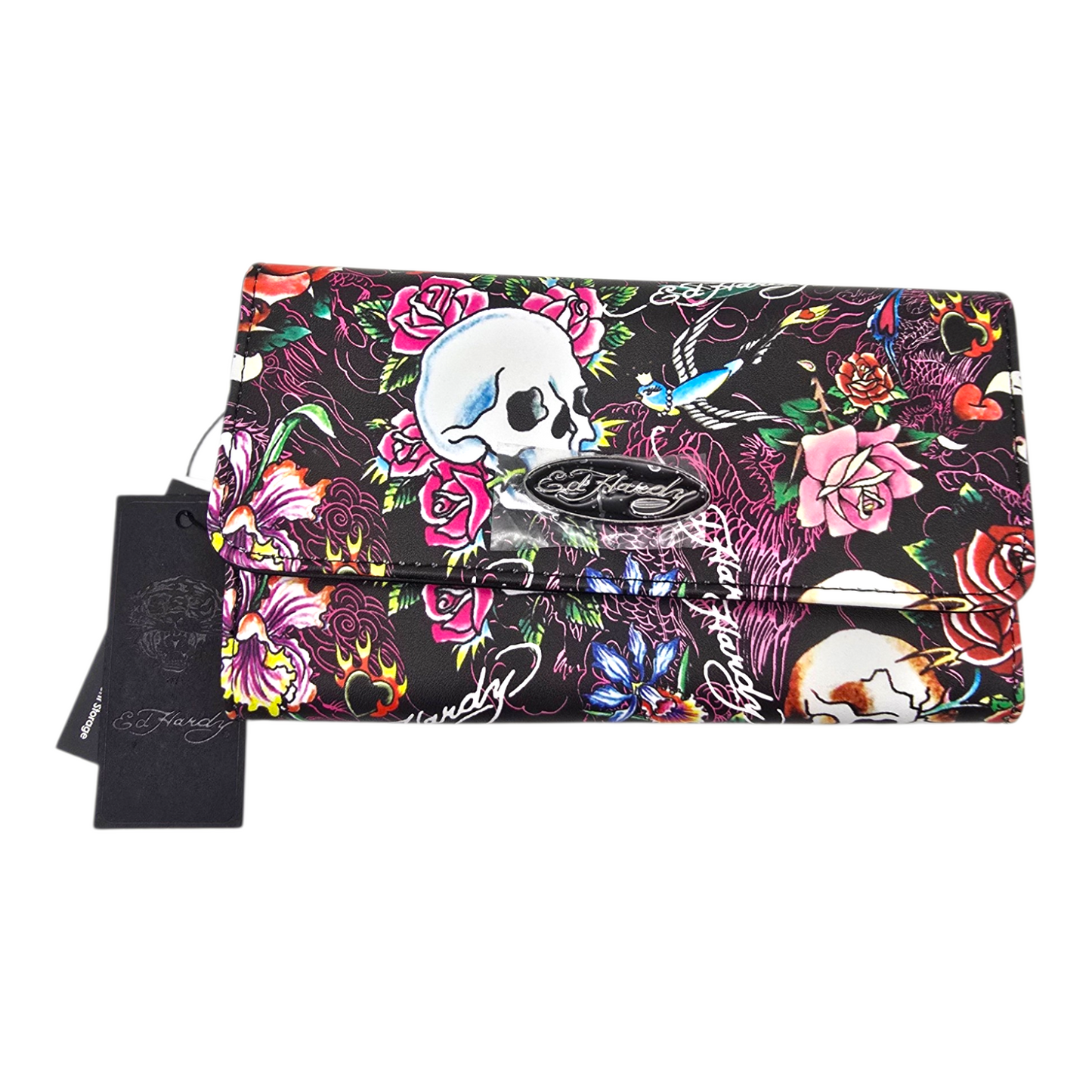 Cartera monedero negra Ed Hardy flor rosa
