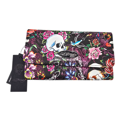 Cartera monedero negra Ed Hardy flor rosa