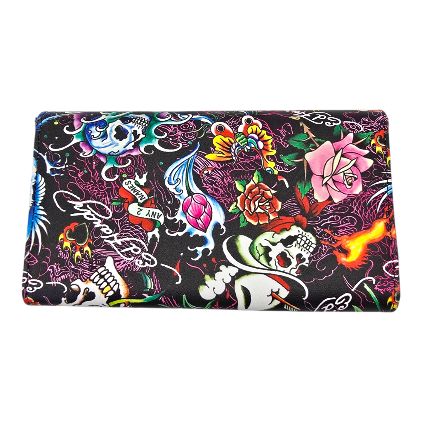 Cartera monedero negra Ed Hardy flor rosa