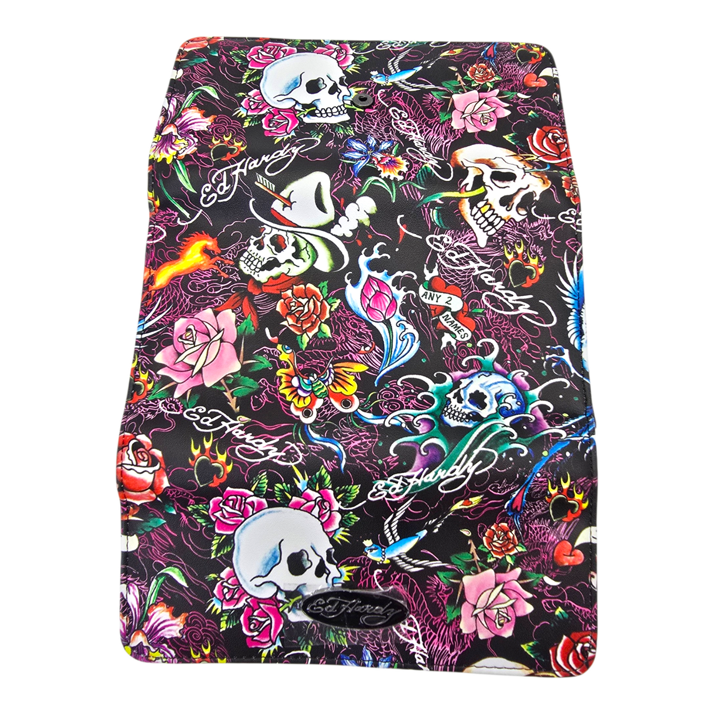 Cartera monedero negra Ed Hardy flor rosa