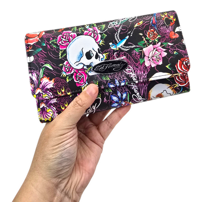 Cartera monedero negra Ed Hardy flor rosa