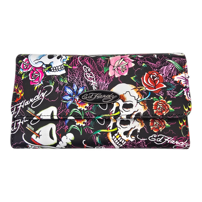 Cartera monedero negra Ed Hardy flor roja