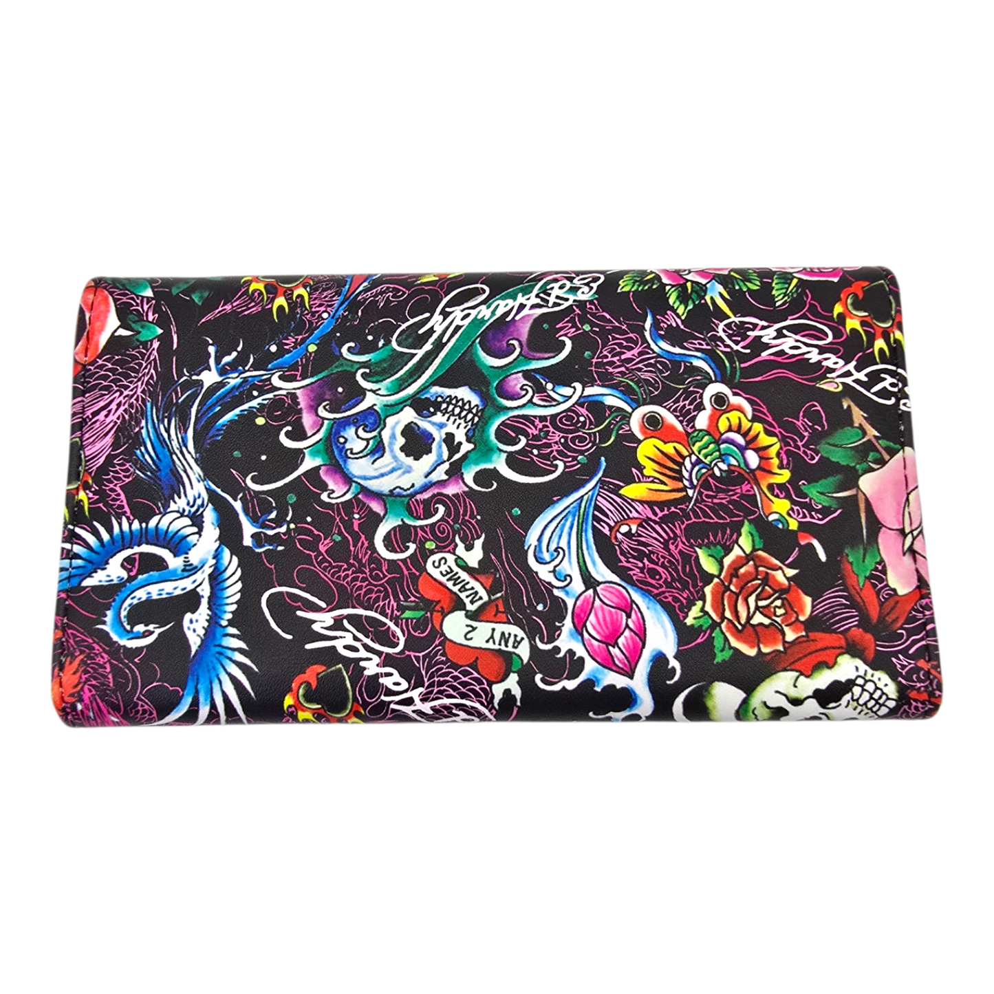 Cartera monedero negra Ed Hardy flor roja