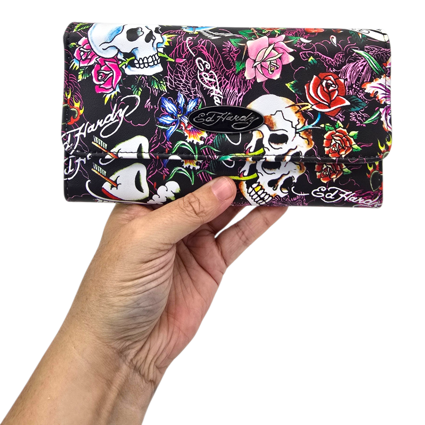 Cartera monedero negra Ed Hardy flor roja