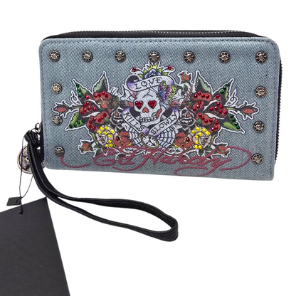Cartera monedero doble mezclilla Ed Hardy telaraña