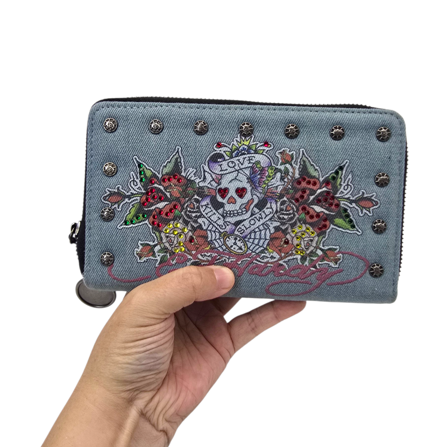 Cartera monedero doble mezclilla Ed Hardy telaraña