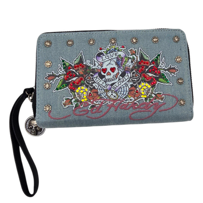 Cartera monedero doble mezclilla Ed Hardy telaraña