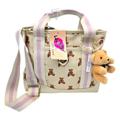 Bolso crossbody Betsey Johnson tipo mezclilla beige con osito 29x22cm aprox