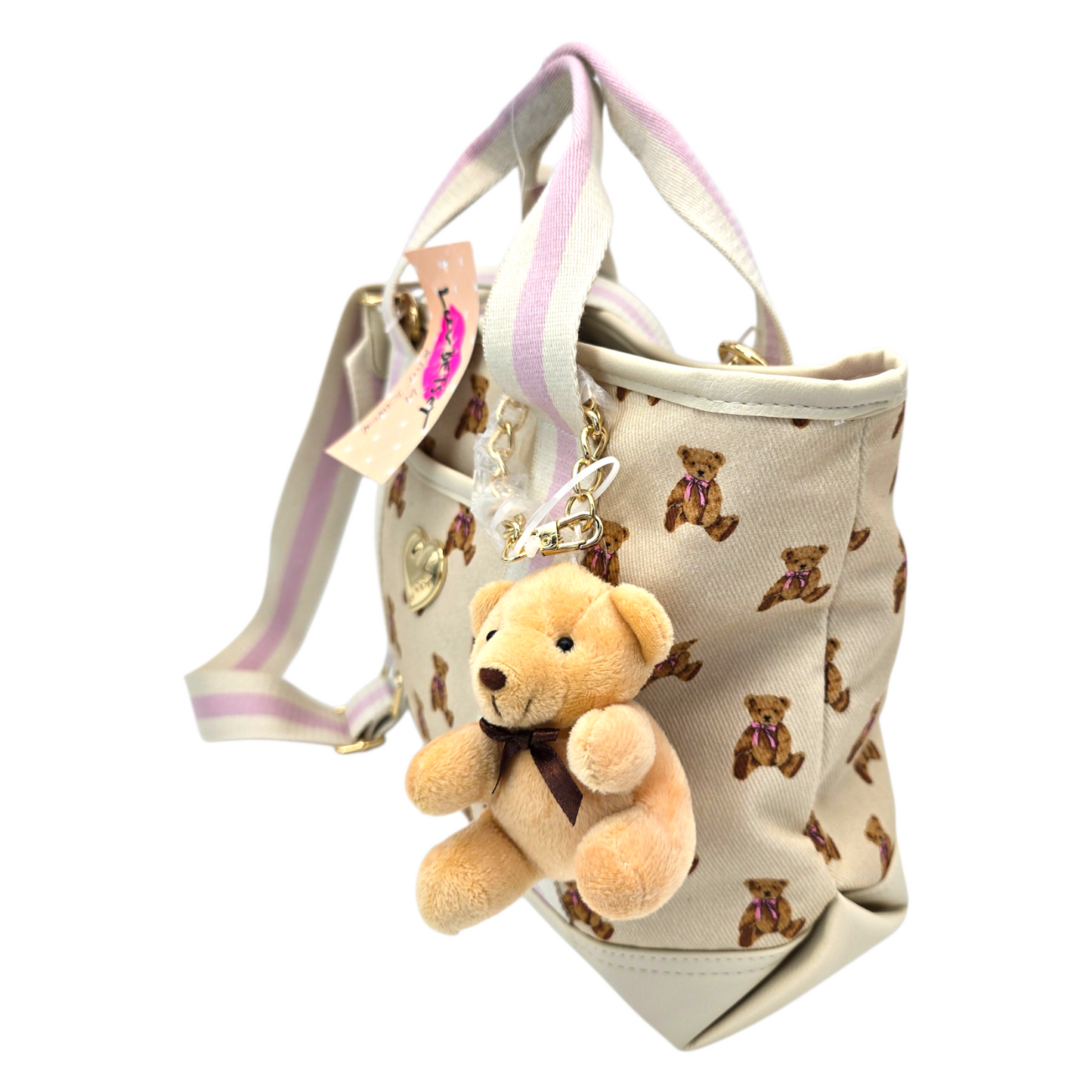 Bolso crossbody Betsey Johnson tipo mezclilla beige con osito 29x22cm aprox