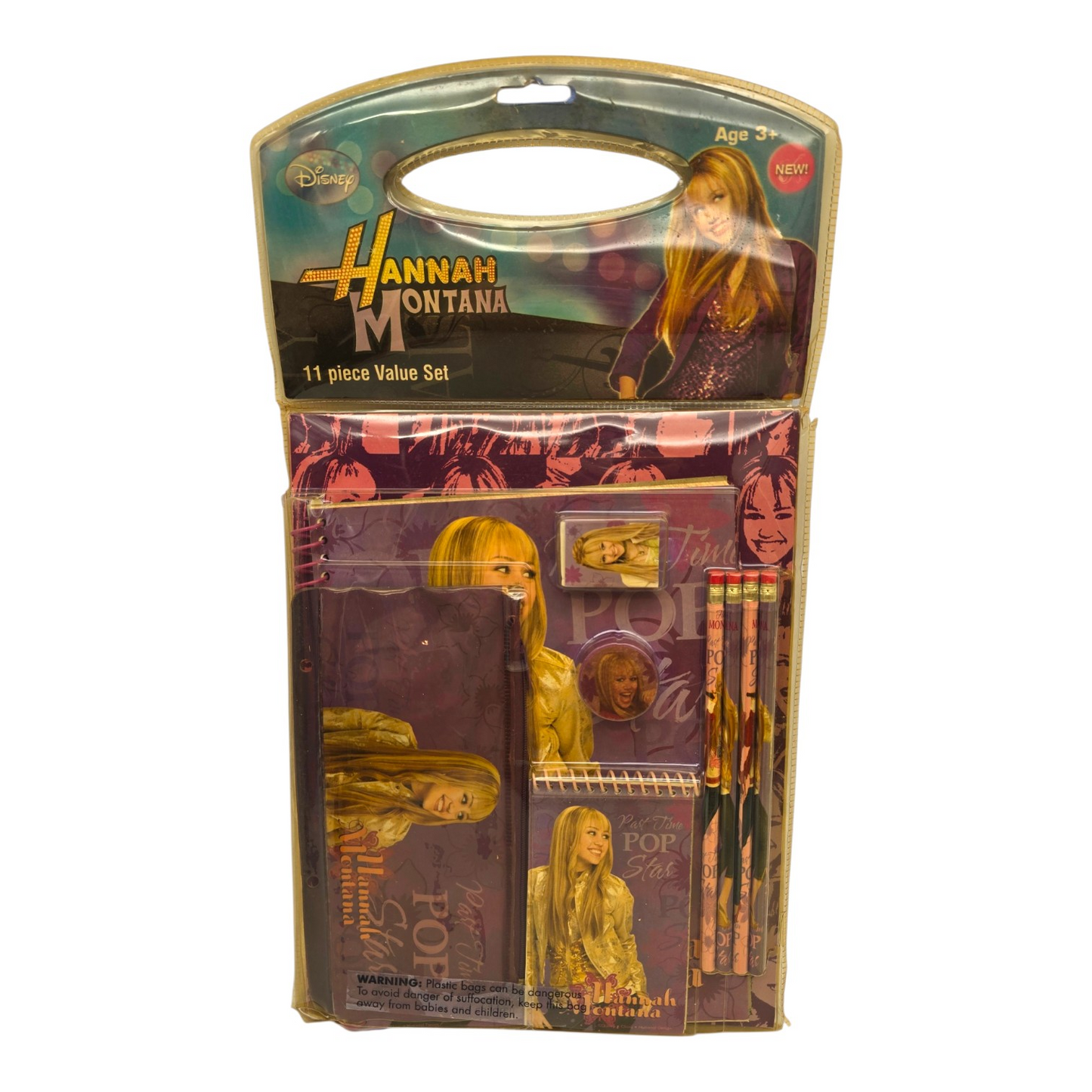 Años 2000s Hannah Montana set de Papelería acetato amarillento roto debilitado Por sol(ya se está deshaciendo el empaque 😅 )
