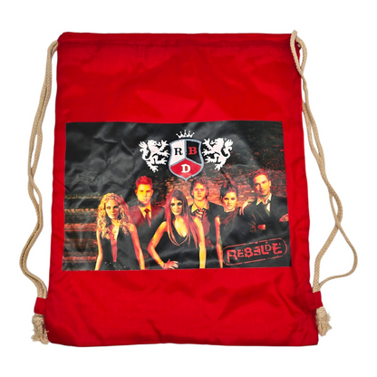 Bolsa de cuerda tipo saco Rebelde RBD loneta (sálvame del olvido, sálvame de la soledad) 44x34cm aprox rojo con escudo