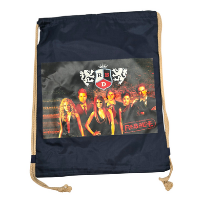 Bolsa de cuerda tipo saco Rebelde RBD loneta (sálvame del olvido, sálvame de la soledad) 44x34cm aprox azul con escudo