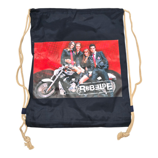 Bolsa de cuerda tipo saco Rebelde RBD loneta (sálvame del olvido, sálvame de la soledad) 44x34cm aprox azul moto