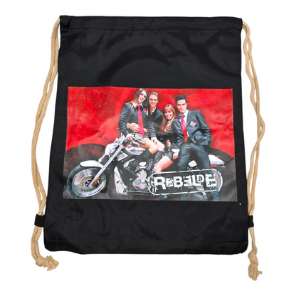 Bolsa de cuerda tipo saco Rebelde RBD loneta (sálvame del olvido, sálvame de la soledad) 44x34cm aprox negras moto