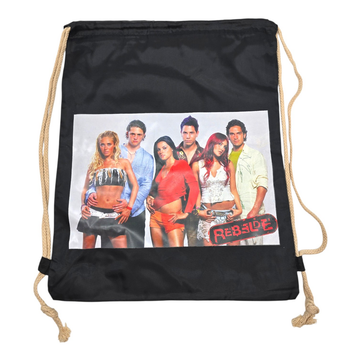 Bolsa de cuerda tipo saco Rebelde RBD loneta (sálvame del olvido, sálvame de la soledad) 44x34cm aprox negras pose