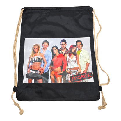 Bolsa de cuerda tipo saco Rebelde RBD loneta (sálvame del olvido, sálvame de la soledad) 44x34cm aprox negras pose