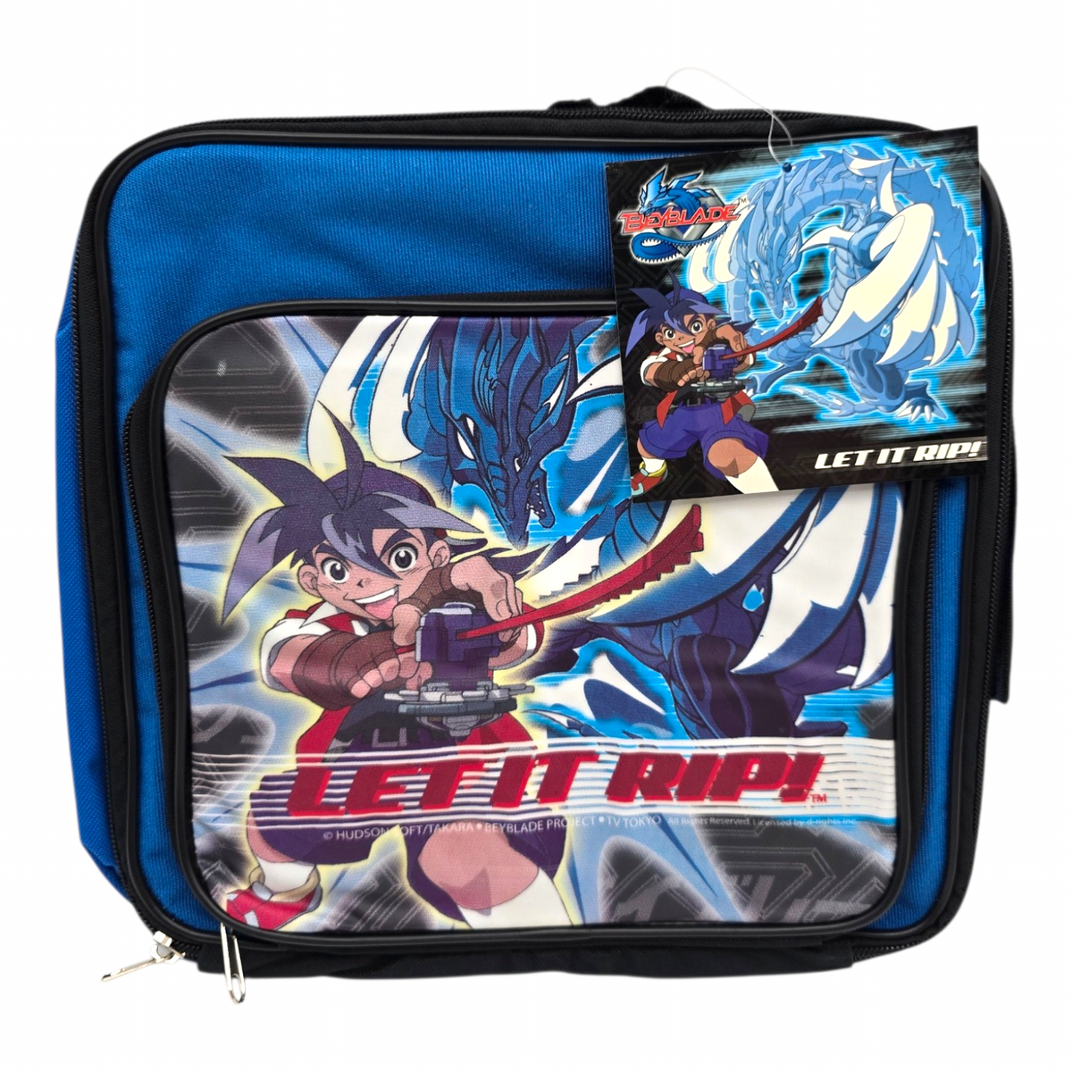 Lonchera maletita Beyblade vintage 28x28 cms aprox azul