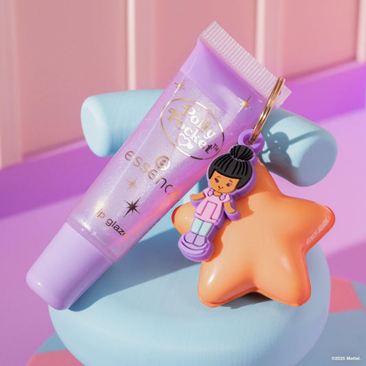 Polly Pocket Essence make up Brillo labial brillante con fragancia afrutada y llavero con squishy lila