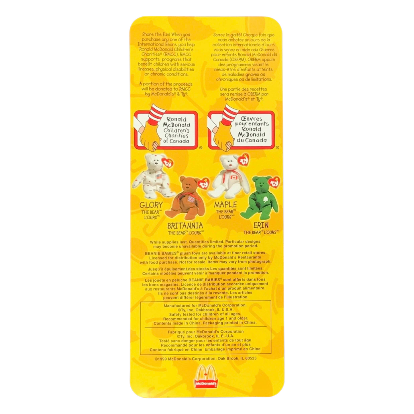 McDonald's Happy Meal Ty Beanie babies international bears año 1999 acetatos amarillento o con ligeros detalles por edad.