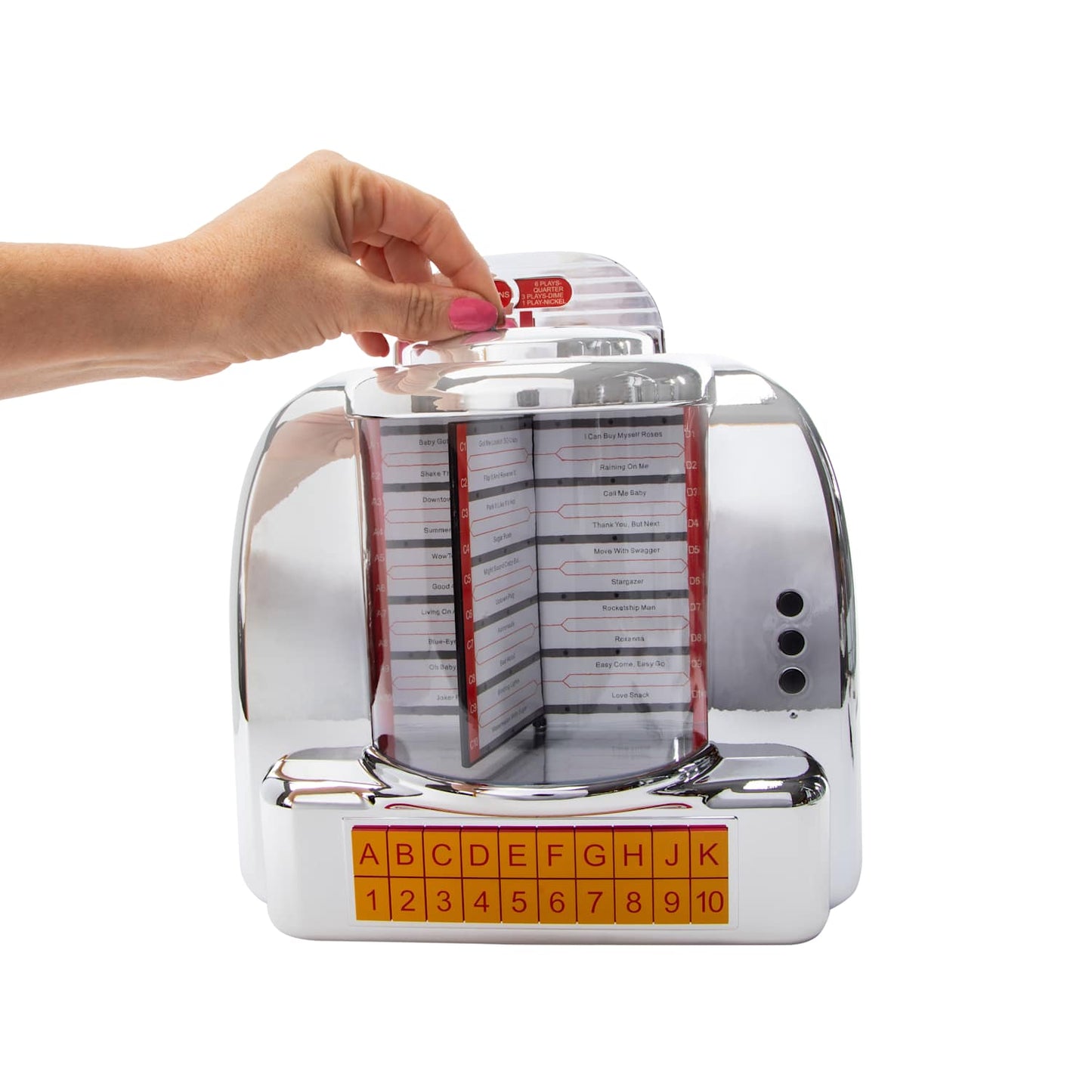 Bocina Reproductor Retro en forma de Rockola cromada. Conectalo via Bluetooth a tus dispositivos 🛼🖤 tipo años 50s. Dale un toque retro a tu hogar ✨