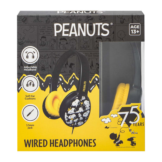 Audífonos alámbricos Snoopy Peanuts 75 aniversario Negro entrada jack 3.5mm ajustables