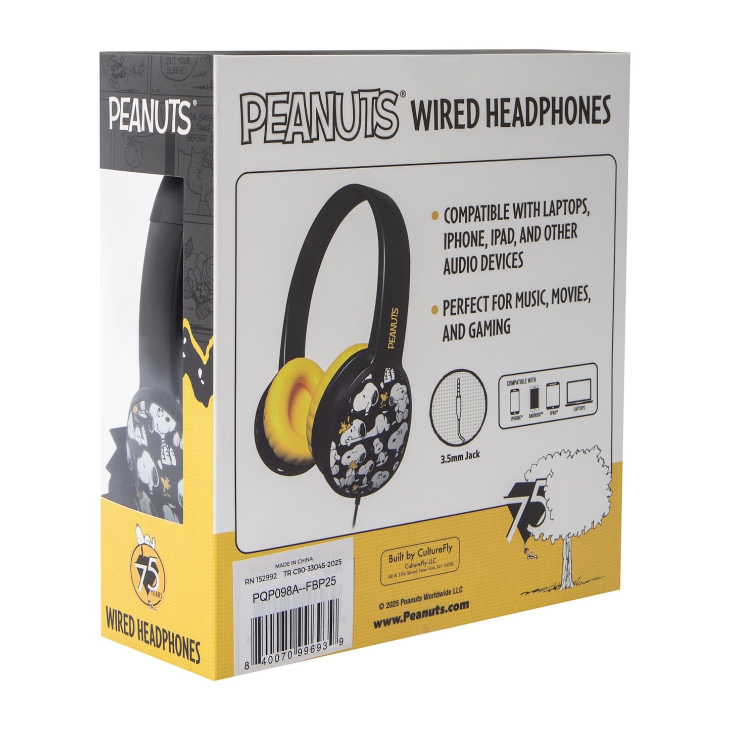 Audífonos alámbricos Snoopy Peanuts 75 aniversario Negro entrada jack 3.5mm ajustables